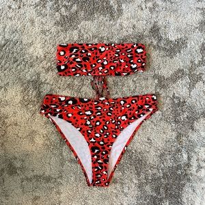 Leopard Lace-up Bandeau with High Waisted Bottoms Bikini